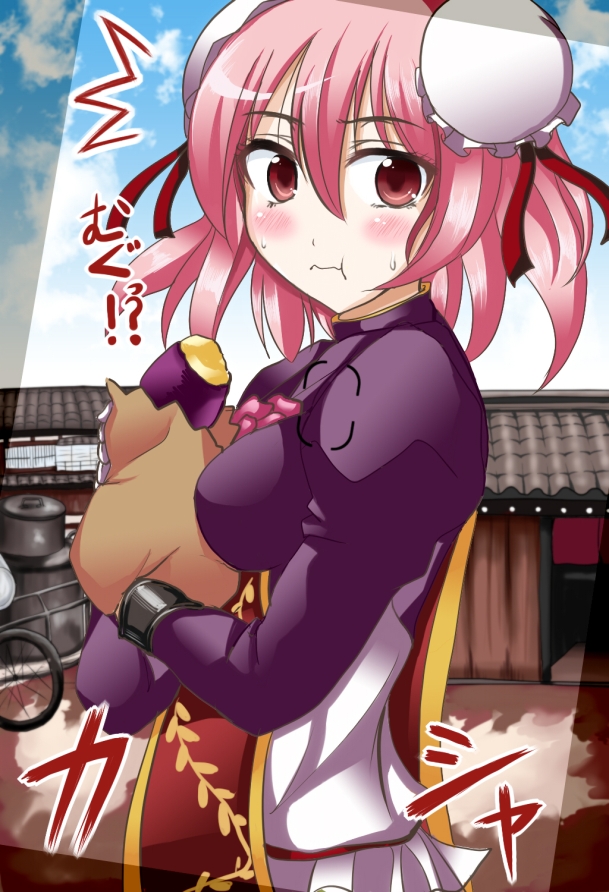 1girl, :t, alternate_costume, atomic_shinichi, bag, baked_potato, blush_stickers, viewfinder