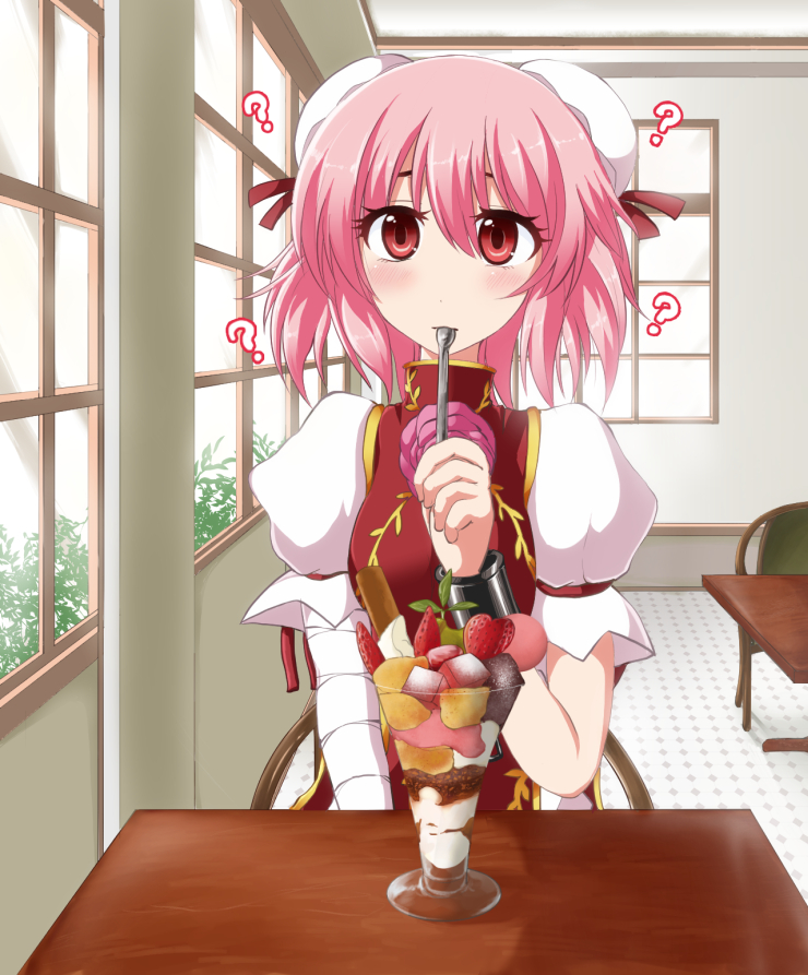 1girl, ?, atomic_shinichi, bandaged_arm, bandages, blush, chair, cuffs, double_bun, eating, eyelashes, female_focus, flower, food, fruit, genshi_shin'ichi, hair_bun, ibaraki_kasen, ice_cream, indoors, looking_at_viewer, parfait, pink_eyes, pink_flower, pink_hair, pink_rose, pov, pov_across_table, puffy_short_sleeves, puffy_sleeves, rose, shackles, short_hair, short_sleeves, sitting, solo, spoon, strawberry, tabard, table, touhou, upper_body, window, wrist_cuffs
