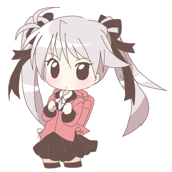 00s, 1girl, backpack, bag, blush, chibi, female_focus, looking_at_viewer