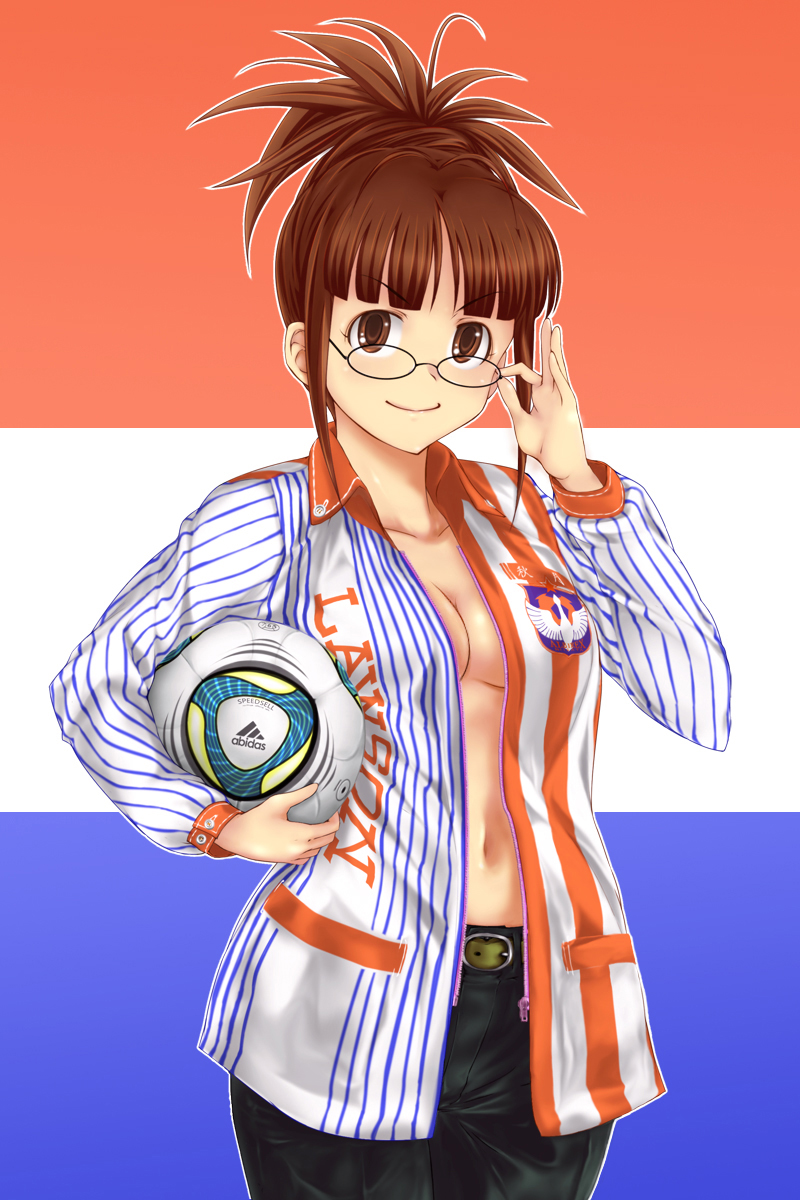 10s, 1girl, adidas, adjusting_eyewear, akizuki_ritsuko, albirex_niigata, ball, brand_name_imitation