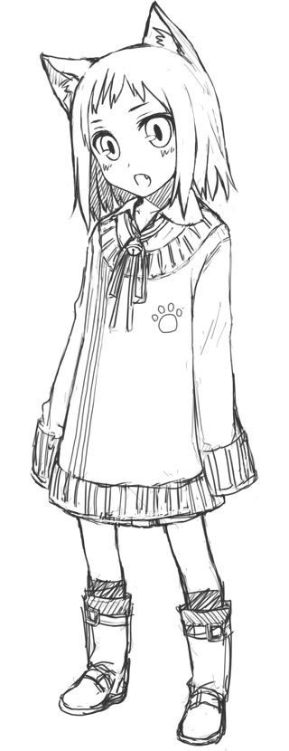 animal_ears, cat_ears, greyscale, hito, monochrome, original, solo, tagme