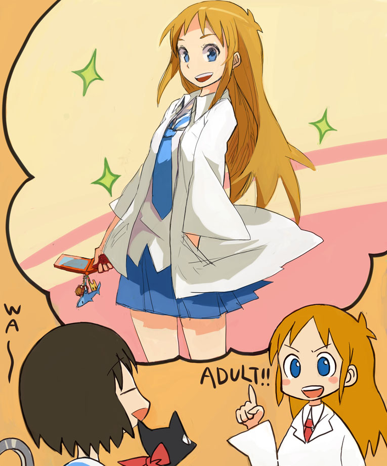 2girls, blonde_hair, blue_eyes, cat, cellphone, lab_coat, multiple_girls, nd, necktie, nichijou, aged_up, phone, professor_shinonome, sakamoto_(nichijou), scarf, shinonome_nano, smile, winding_key