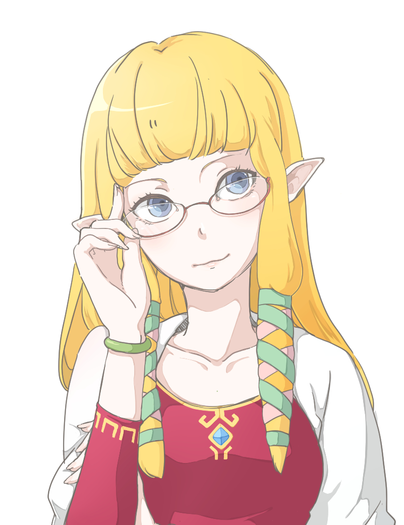 1girl, bad_id, bad_pixiv_id, bespectacled, blonde_hair, blue_eyes, bracelet, female_focus, glasses, jewelry, long_hair, nintendo, pointy_ears, princess_zelda, smile, solo, the_legend_of_zelda, the_legend_of_zelda:_skyward_sword, yoshida_(yoooshida), yoshida_(yooosida)