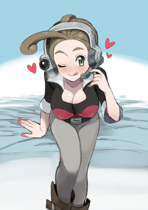 10s, 1girl, :q, ;p, ;q, ahoge, alexa_(pokemon), arm_support, bad_id, bad_pixiv_id, belt, blush, breasts, brown_hair, cleavage, covered_erect_nipples, female_focus, green_eyes, headset, heart, large_breasts, leaning_forward, nail_polish, nintendo, on_bed, one_eye_closed, pokemon, pokemon_x_and_y, remotarou, short_sleeves, sitting, smile, solo, tongue, tongue_out, wink