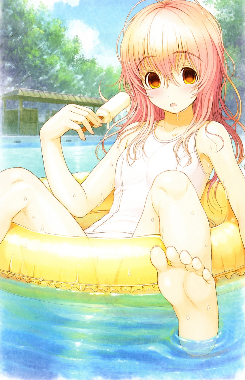 1girl, absurdres, afloat, antenna_hair, barefoot, day, empty_eyes, feet, floating, food, highres, innertube, kimi_to_kanojo_to_kanojo_no_koi., mukou_aoi_(totono), one-piece_swimsuit, open_mouth, pink_hair, pool, popsicle, school_swimsuit, school_uniform, sitting, soles, swim_ring, swimsuit, toes, tree, tsuji_santa, water, white_one-piece_swimsuit, white_school_swimsuit, yellow_eyes