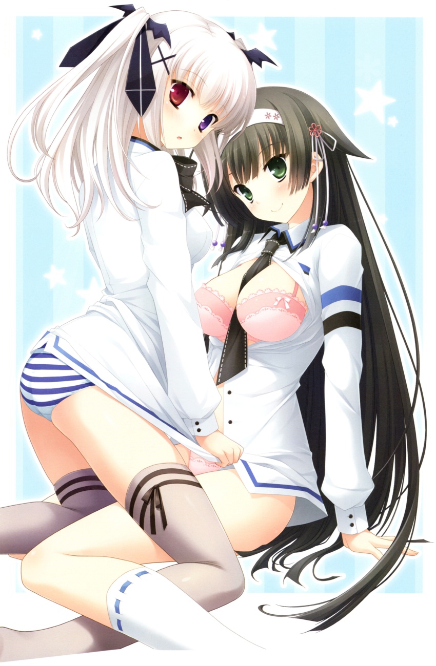 2girls, absurdres, between_breasts, black_hair, blue_eyes, blue_panties, bow, bow_bra