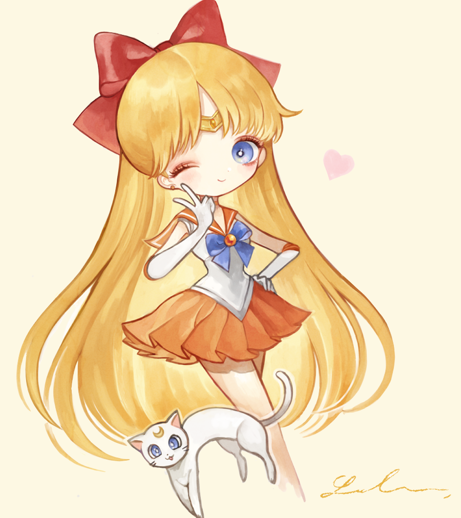 1girl, aino_minako, artemis_(sailor_moon), bishoujo_senshi_sailor_moon, blonde_hair, blue_eyes, bow, brooch