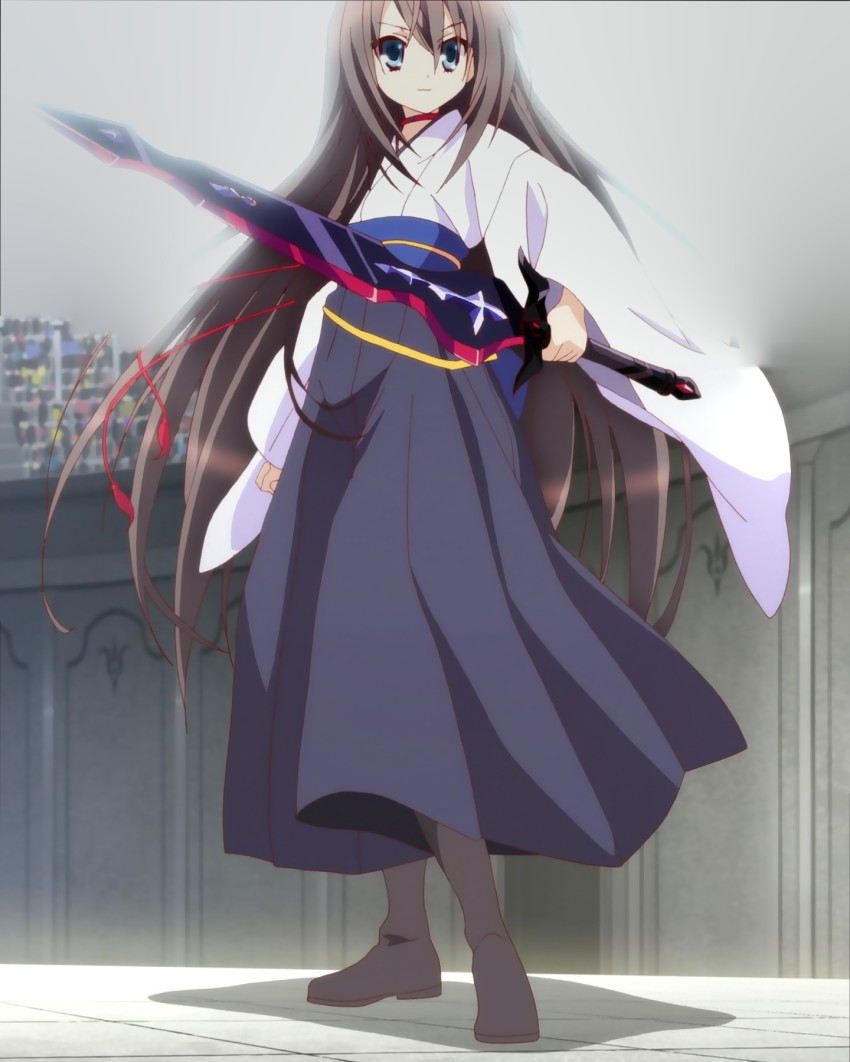 10s, androgynous, aqua_eyes, boots, brown_hair, gender_request, hakama, hakama_skirt, highres, japanese_clothes, kazehaya_kamito, long_hair, ren_ashbell, screencap, seirei_tsukai_no_blade_dance, skirt, sword, trap, weapon