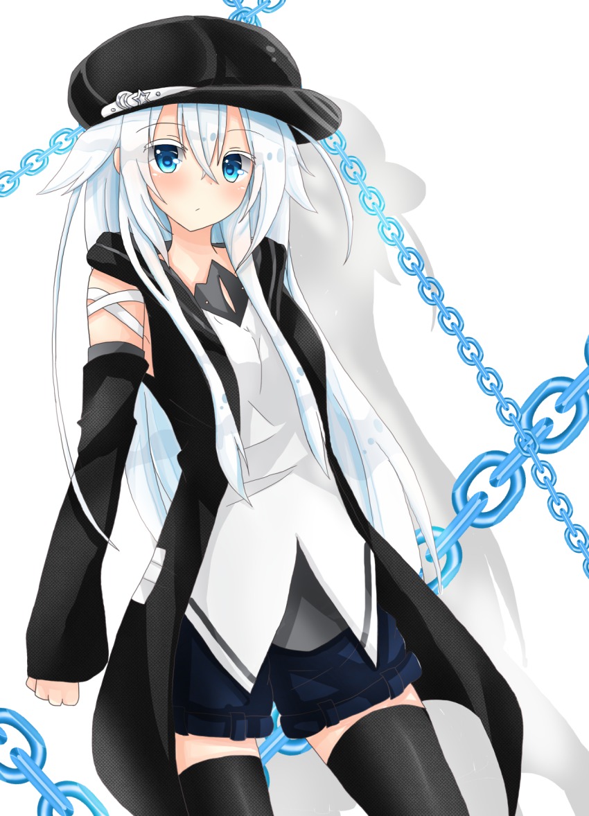 1girl, :/, bad_id, bad_pixiv_id, black_thighhighs, blue_eyes, detached_sleeves, female_focus