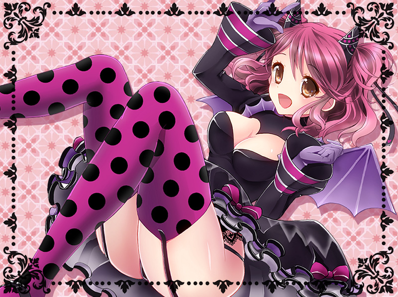 1girl, :d, bat_wings, breasts, brown_eyes, cheria_barnes, cheria_barnes_(little_imp), cleavage, clenched_hand, female_focus, garter_straps, gloves, horns, m/, miyato000, official_alternate_costume, open_mouth, pink_hair, polka_dot, polka_dot_legwear, purple_thighhighs, smile, solo, tales_of_(series), tales_of_graces, thighhighs, two_side_up, wings