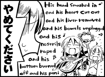 2girls, angry, atlus, bard, bard_(sekaiju), bard_1_(sekaiju), bard_2_(sekaiju), blush, chibi, closed_eyes, english_text, etrian_odyssey, greyscale, himukai_yuuji, instrument, lowres, lute_(instrument), midriff, monochrome, monty_python, multiple_girls, music, navel, parody, scene_reference, singing, tambourine