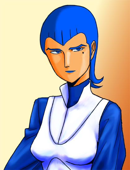 1girl, blue_eyes, blue_hair, densetsu_kyojin_ideon, female_focus, matching_hair/eyes, military, military_uniform, mole, rukuku_kil, solo, ukurugund