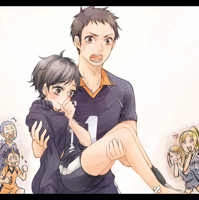 10s, 3boys, 3girls, aihara_mao, black_hair, blonde_hair, blush, brown_eyes