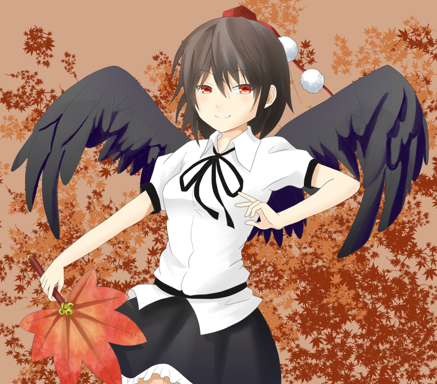 1girl, black_hair, black_wings, female_focus, frilled_skirt, frills, hand_fan, hat, heisotsu_(otanushi), highres, leaf, leaf_background, maple_leaf, red_eyes, shameimaru_aya, shirt, short_hair, skirt, smile, solo, tokin_hat, touhou, wings