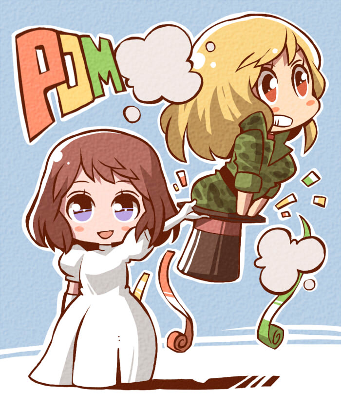 2girls, blonde_hair, blue_eyes, brown_eyes, brown_hair, camouflage, castle_of_cagliostro, chibi