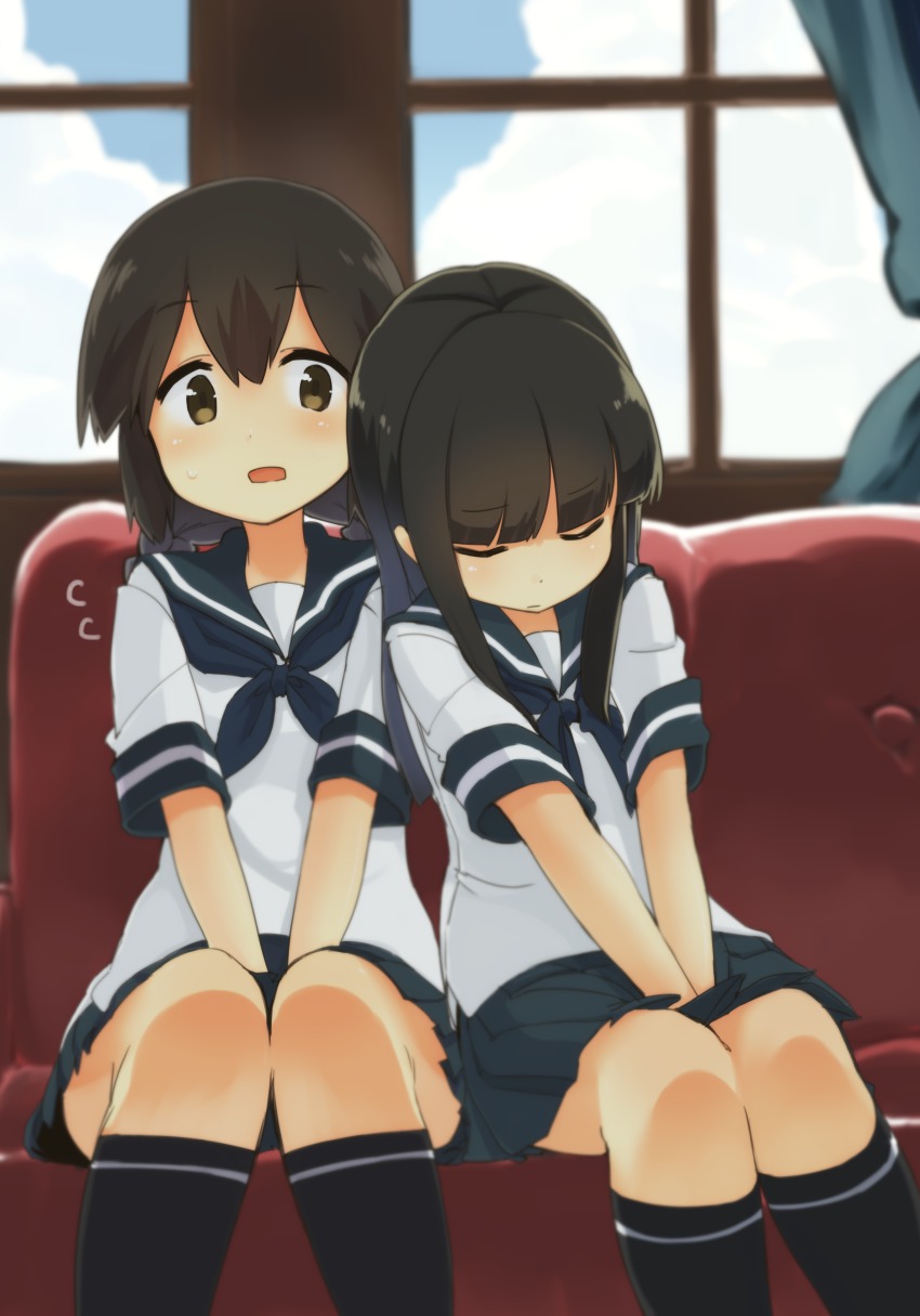10s, 2girls, absurdres, black_hair, black_socks, blunt_bangs, blush, brown_eyes