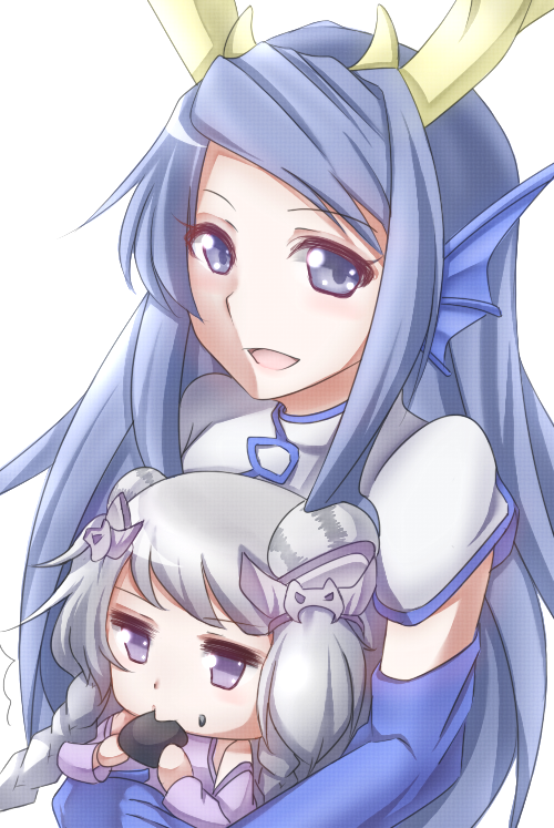 2girls, :>, aleixww, bare_shoulders, blue_dress, blue_eyes, blue_gloves, blue_hair