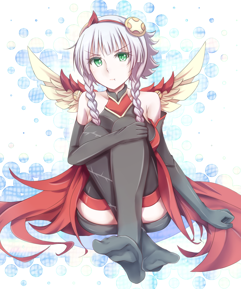 1girl, :t, aleixww, bare_shoulders, black_dress, black_gloves, black_thighhighs, braid