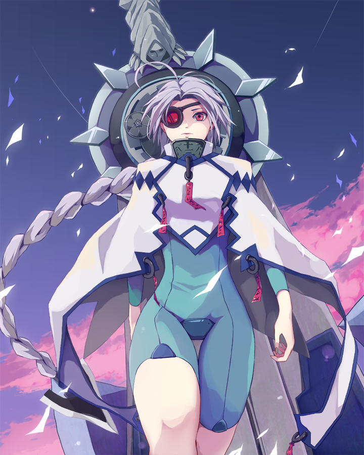 1girl, ahoge, blazblue, bodysuit, braid, cape, eyepatch, female_focus, huge_weapon, mal_(mal7), mal_(pixiv), nail_polish, nu-13, red_eyes, silver_hair, solo, weapon