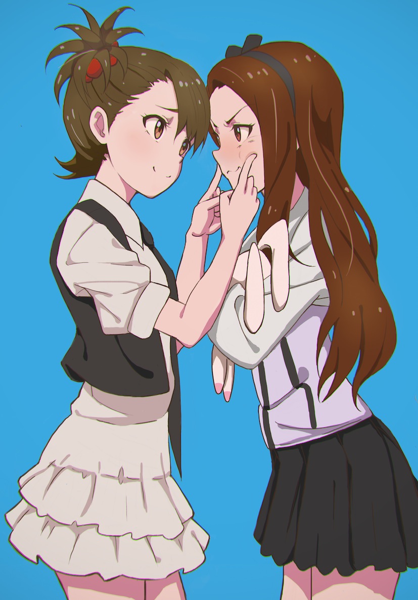 2girls, bad_id, bad_nicoseiga_id, blue_background, blush, brown_hair, dress, eye_contact
