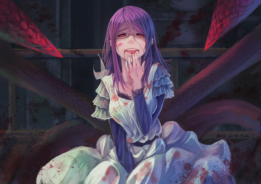 10s, 1girl, black_sclera, blood, blood_on_clothes, blood_on_face, colored_sclera, dated