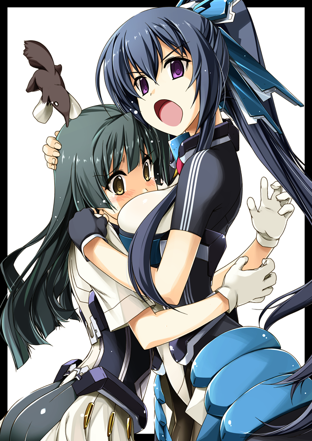 2girls, anteater, armor, ass, bad_id, bad_pixiv_id, between_breasts, black_hair