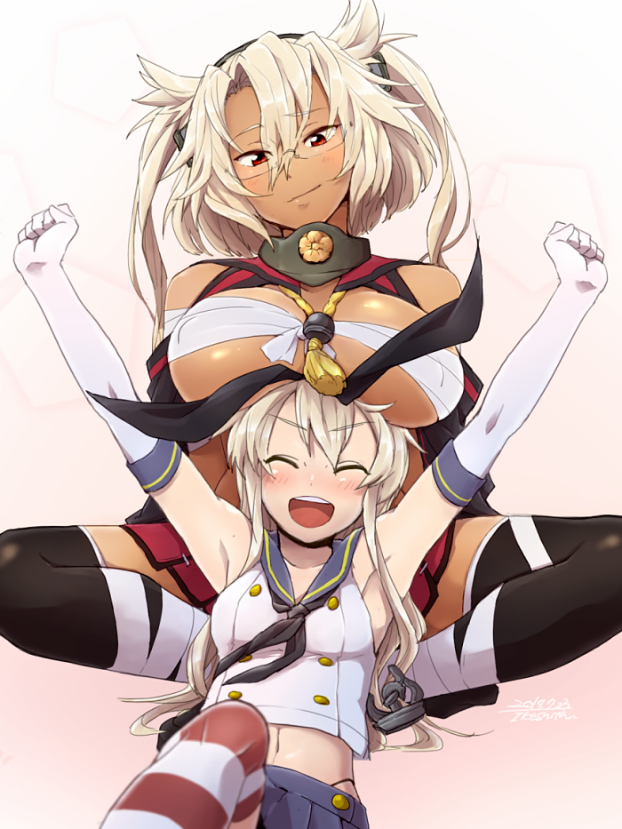10s, 2girls, ^_^, anchor, armpits, arms_up, artist_name, black_legwear, blonde_hair, blue_skirt, blush, breast_rest, breasts, breasts_on_head, closed_eyes, dark-skinned_female, dark_skin, elbow_gloves, glasses, gloves, huge_breasts, ike_shita, ikeshita_moyuko, indian_style, kantai_collection, long_hair, medium_breasts, multiple_girls, musashi_(kancolle), navel, open_mouth, pointy_hair, red_eyes, sarashi, shimakaze_(kancolle), sitting, skirt, smile, striped_clothes, striped_legwear, striped_thighhighs, thighhighs, white_gloves