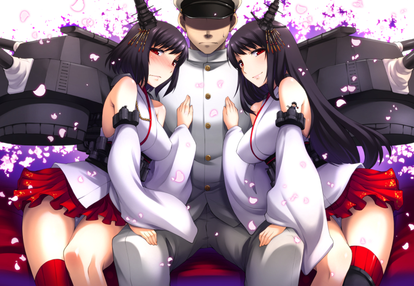 10s, 12.7cm_twin_high-angle_gun_mount_fairy, 1boy, 2girls, admiral_(kancolle), bare_shoulders, black_hair, blush, breasts, cannon, cherry_blossoms, detached_sleeves, faceless, faceless_male, fairy_(kancolle), fusou_(kancolle), girl_sandwich, hair_ornament, hat, hisakawa_chin, jacket, japanese_clothes, kantai_collection, large_breasts, long_hair, military, military_uniform, multiple_girls, naval_uniform, no_eyes, nontraditional_miko, obi, panties, pants, pantyshot, peaked_cap, petals, red_eyes, sandwiched, sash, shaded_face, ship_turret, short_hair, sitting, skirt, smile, underwear, upskirt, white_panties, yamashiro_(kancolle)