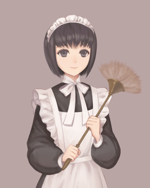 1girl, apron, bad_id, bad_pixiv_id, black_eyes, black_hair, bob_cut, bow