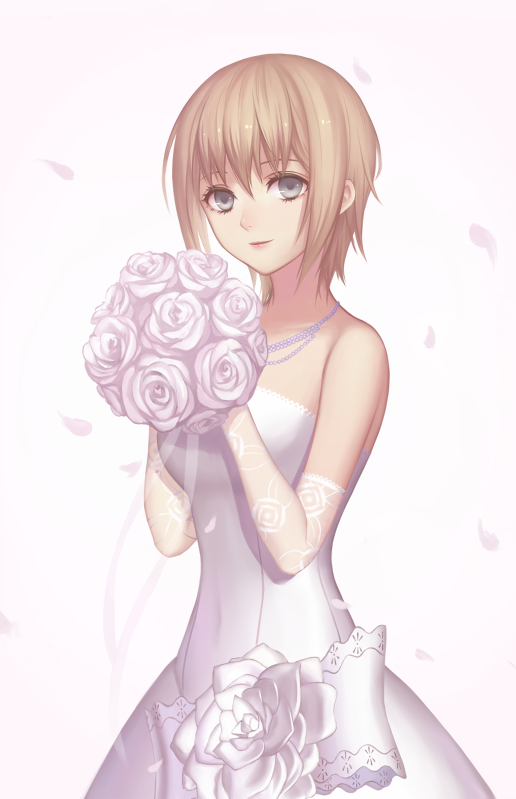 1girl, bad_id, bad_pixiv_id, blonde_hair, bouquet, bride, character_request, dress