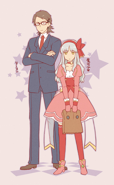 1boy, 1girl, bad_id, bad_pixiv_id, bag, brown_hair, caren_hortensia, dress