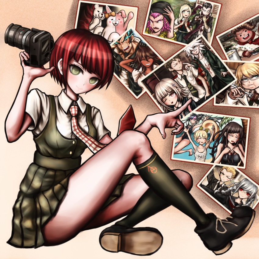10s, 1girl, bob_cut, camera, chuunibyou, danganronpa_(series), danganronpa_2:_goodbye_despair, dress_shirt, everyone, female_focus, freckles, hanamura_teruteru, highres, hinata_hajime, koizumi_mahiru, komaeda_nagito, kuzuryu_fuyuhiko, light_smile, long_legs, mioda_ibuki, monokuma, monomi_(danganronpa), nanami_chiaki, necktie, nidai_nekomaru, official_style, one-piece_swimsuit, owari_akane, oyume, pekoyama_peko, photo_(object), plaid_clothes, plaid_necktie, plaid_neckwear, pointing, red_hair, saionji_hiyoko, school_swimsuit, school_uniform, shirt, short_hair, sitting, skirt, soda_kazuichi, solo, sonia_nevermind, swimsuit, tanaka_gundam, tanaka_gundham, togami_byakuya, togami_byakuya_(danganronpa_2), tsumiki_mikan