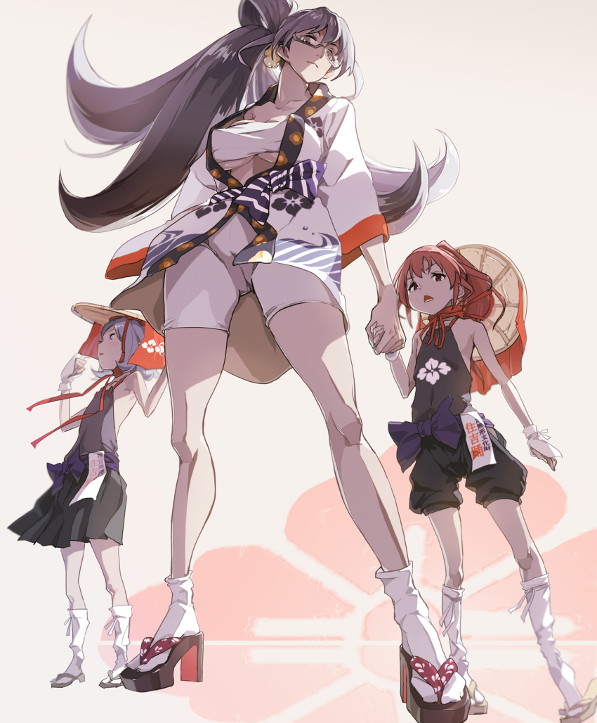 3girls, ajirogasa, atago_hiroe, atago_kinue, atago_masae, bike_shorts, blue_eyes, blue_hair, breasts, cameltoe, from_below, glasses, hair_ornament, haori, hat, highres, holding_hands, japanese_clothes, long_hair, looking_at_viewer, mother_and_child, mother_and_daughter, multiple_girls, open_mouth, parent_and_child, ponytail, pumpkin-shaped_pants, red_eyes, red_hair, saki_(manga), sandals, sarashi, semi-rimless_eyewear, shirt, short_hair, shorts, siblings, sisters, skirt, sleeveless, sleeveless_shirt, socks, standing, tabi, under-rim_eyewear, underboob, white_background, white_legwear, yaku_yojino