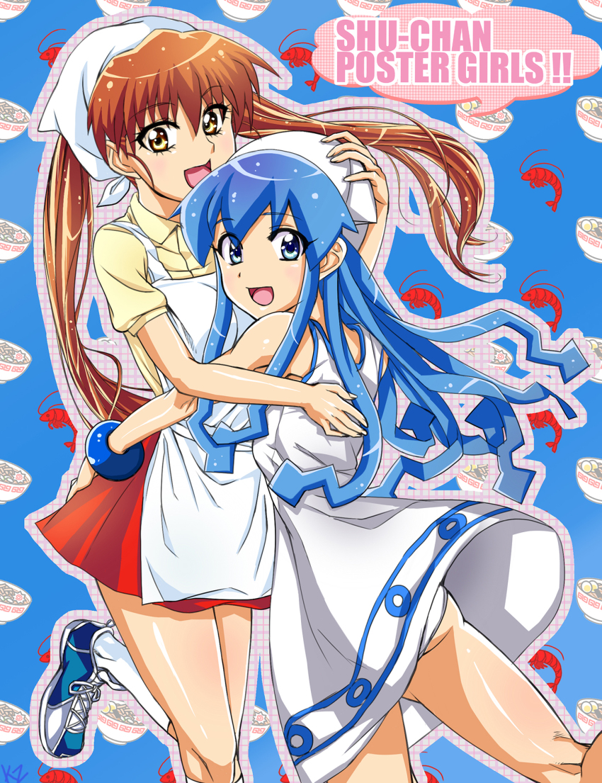 00s, 2girls, apron, blue_eyes, blue_hair, blush, brown_hair, crossover