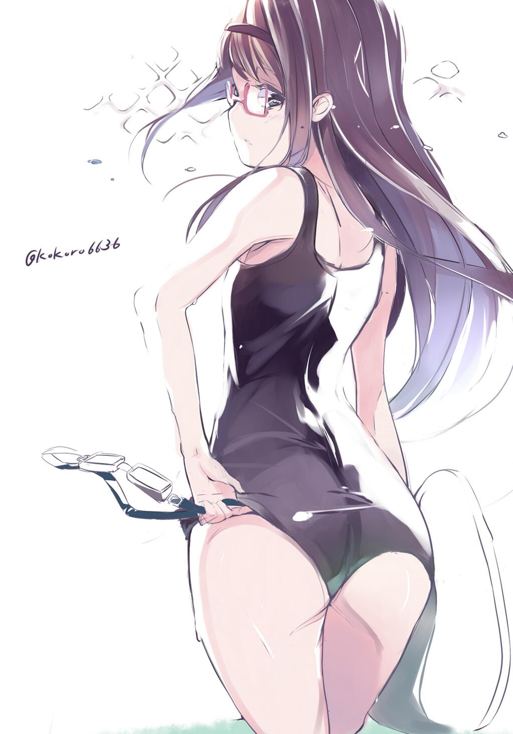 10s, 1girl, adjusting_clothes, adjusting_swimsuit, akemi_homura, artist_name, ass, black_eyes