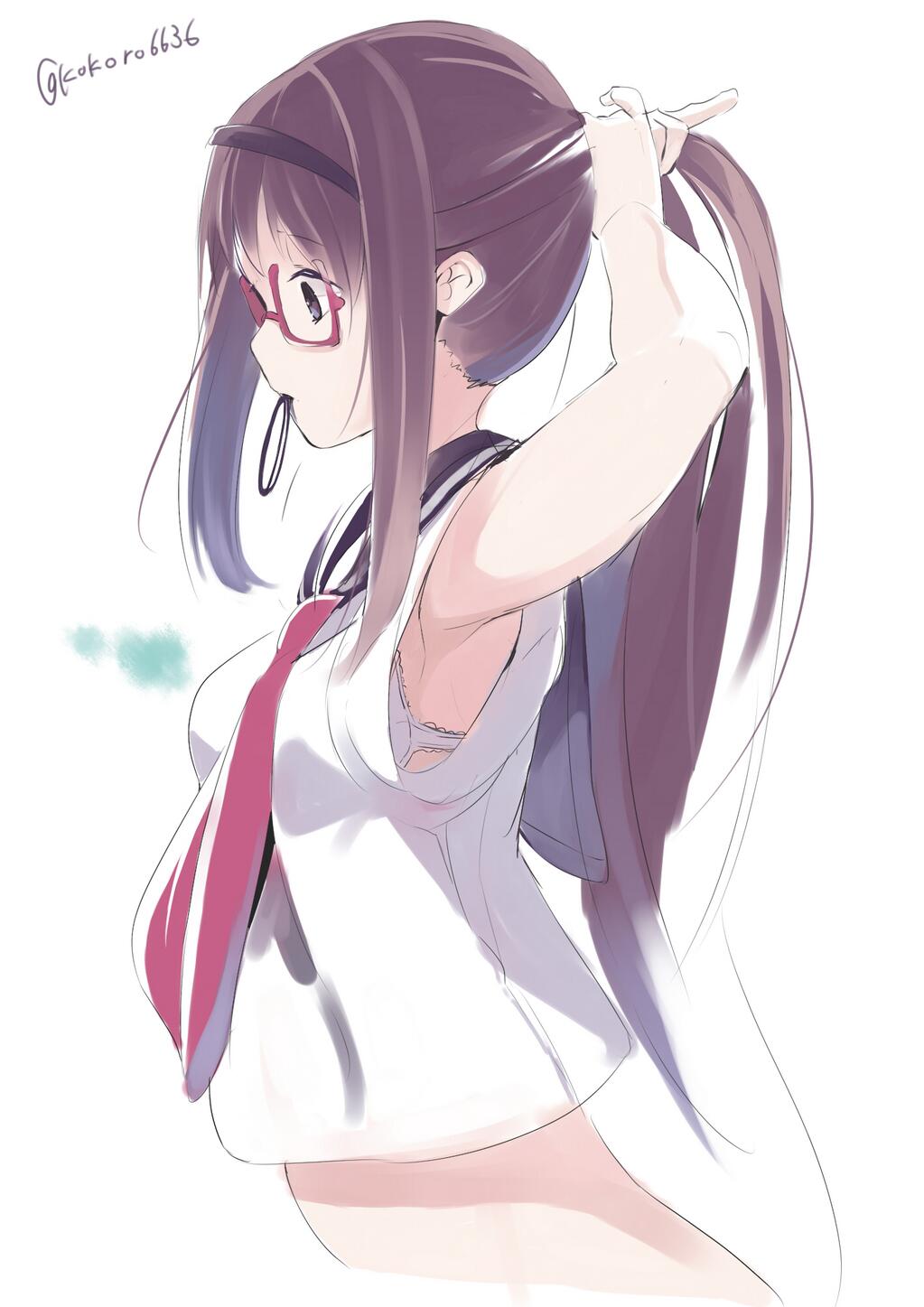 10s, 1girl, adjusting_hair, akemi_homura, alternate_hairstyle, armpit_peek, armpits, artist_name