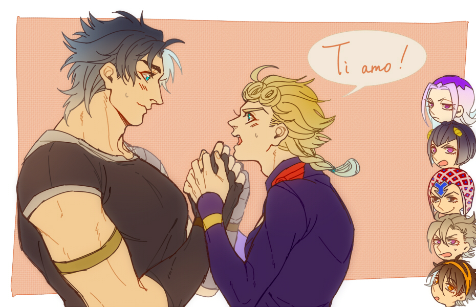 6+boys, black_hair, blonde_hair, blue_eyes, blue_hair, bruno_bucciarati, father_and_child, father_and_son, giorno_giovanna, guido_mista, italian_text, jirou_(satsuma0083), jojo_no_kimyou_na_bouken, jonathan_joestar, leone_abbacchio, male_focus, multiple_boys, narancia_ghirga, pannacotta_fugo, parent_and_child, translated, vento_aureo, yaoi