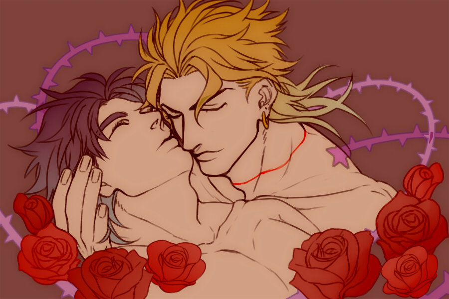 2boys, black_hair, blonde_hair, dio_brando, earrings, flower, hermit_purple, jewelry