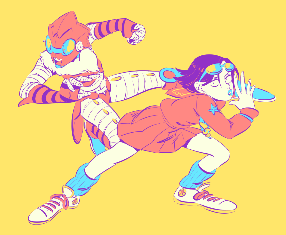 2girls, 6hours_(fancycars), alternate_universe, gakuran, goggles, goggles_on_head, jojo_no_kimyou_na_bouken, limited_palette, multiple_girls, aged_up, school_uniform, serafuku, shizuka_joestar, short_hair, stand_(jojo)