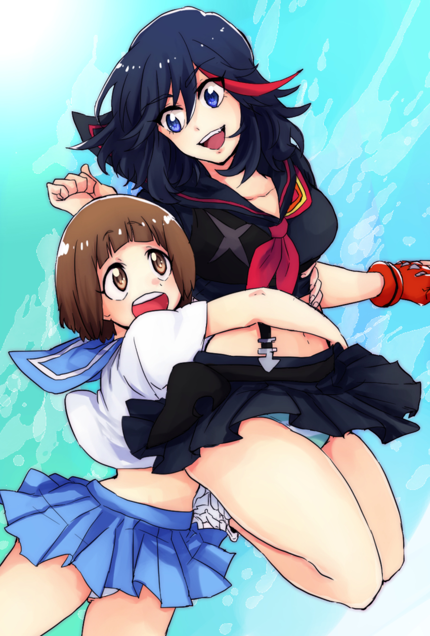10s, 2girls, black_hair, blue_eyes, brown_eyes, brown_hair, highres, hug