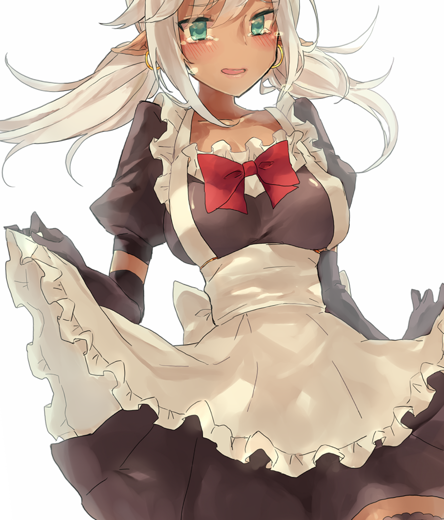 1girl, aqua_eyes, black_gloves, collarbone, dark-skinned_female, dark_skin, earrings, elbow_gloves