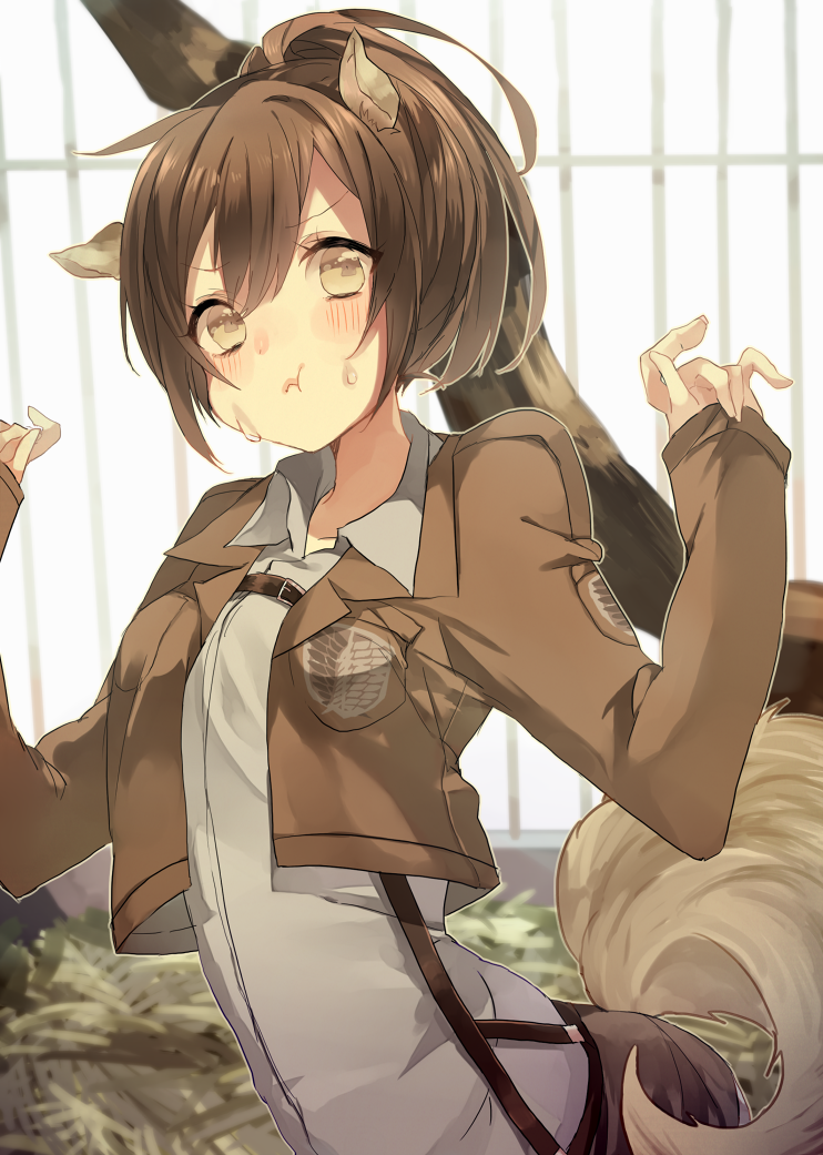 1girl, animal_ears, blazer, brown_eyes, brown_hair, eating, female_focus, food