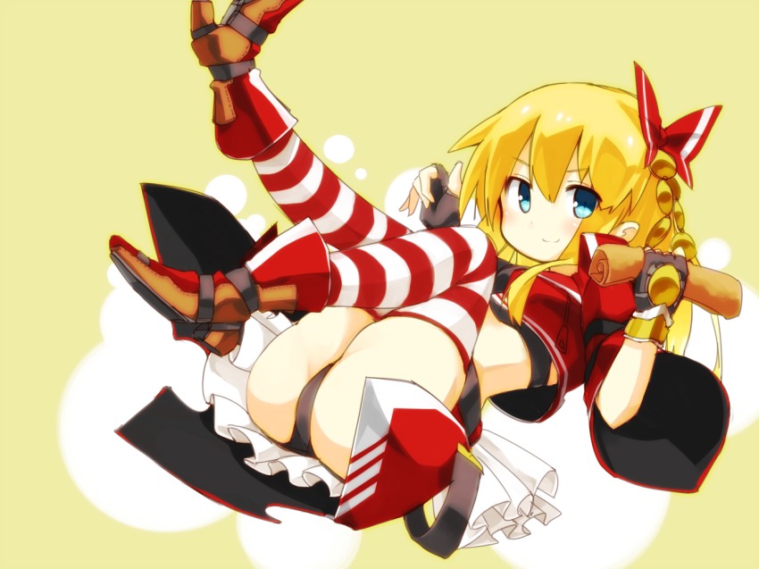 >:), 1girl, blonde_hair, blue_eyes, female_focus, fingerless_gloves, gloves, hair_ornament