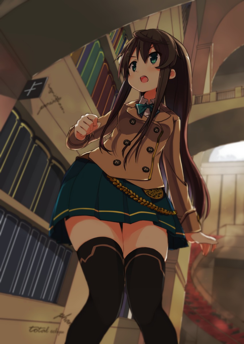 >:o, 1girl, :o, absurdres, black_thighhighs, blurry, book, brown_hair, clenched_hand, depth_of_field, female_focus, green_eyes, highres, library, long_hair, open_mouth, original, pleated_skirt, school_uniform, skirt, solo, tekka_maki_(wafuu-bune), thighhighs, v-shaped_eyebrows, zettai_ryouiki