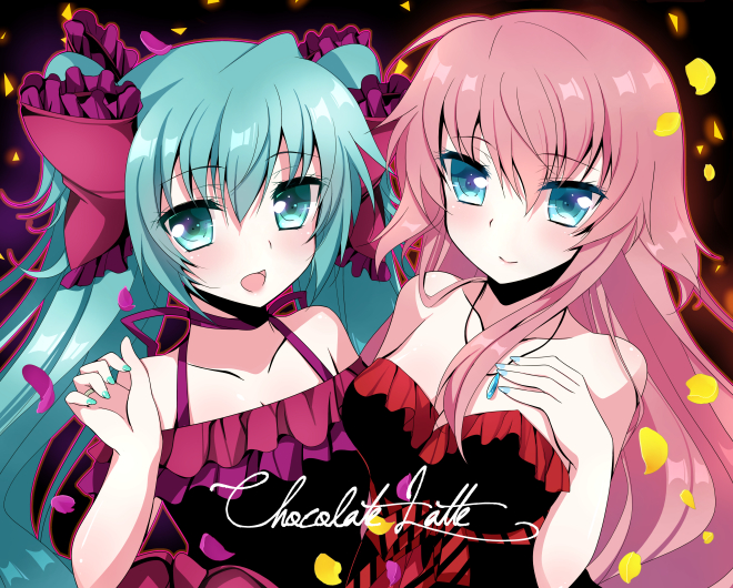 2girls, acute_(vocaloid), alternate_costume, aqua_eyes, aqua_hair, bad_id, bad_pixiv_id, halterneck