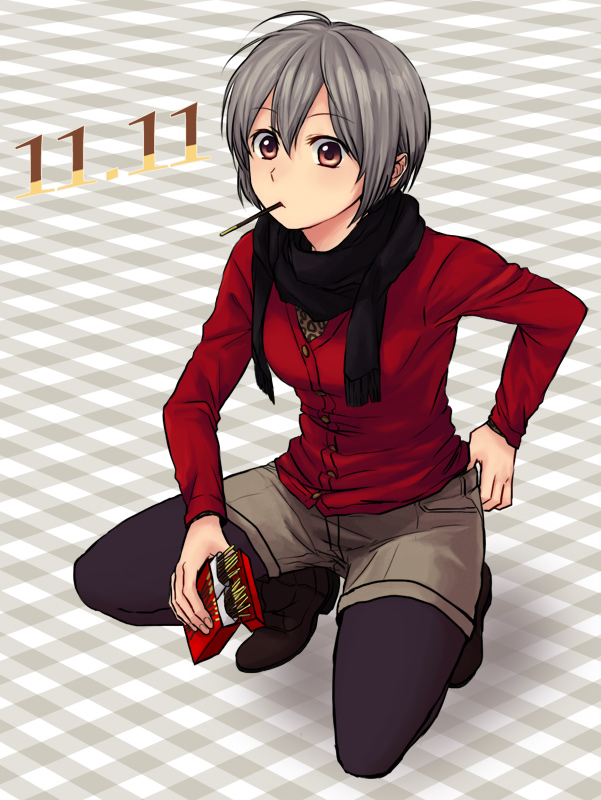 1girl, brown_eyes, cardigan, dated, female_focus, food, green_hair, jako, jako_(rikuru-to), kurosaki_mafuyu, oresama_teacher, pantyhose, pantyhose_under_shorts, pocky, pocky_day, scarf, shorts, solo, squatting