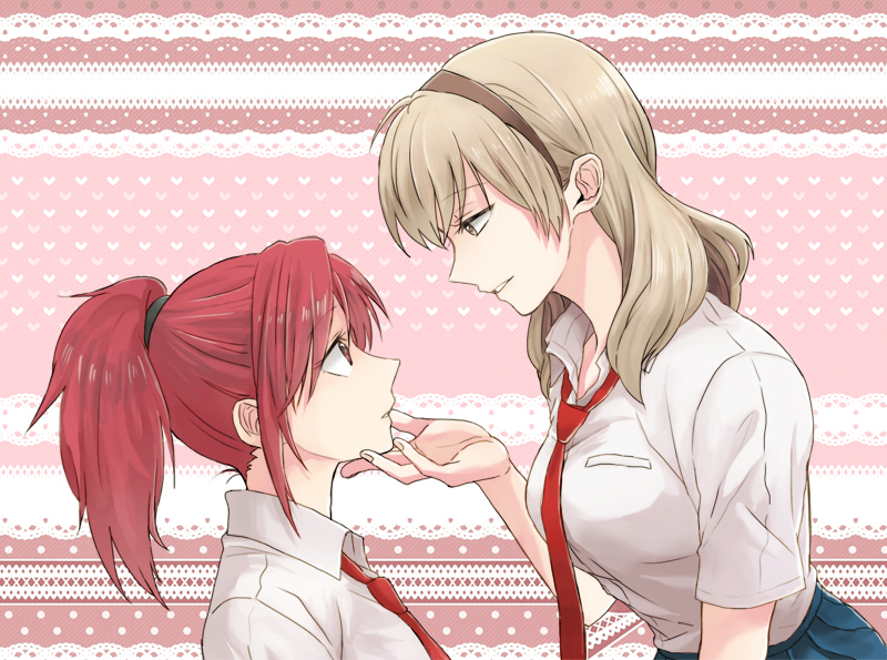 2girls, blonde_hair, brown_eyes, brown_hair, eye_contact, from_side, grabbing_another's_chin, hair_ornament, hairband, hand_on_another's_chin, houjou_wakana, jako, jako_(rikuru-to), looking_at_another, momochi_runa, multiple_girls, necktie, oresama_teacher, parted_lips, ponytail, profile, red_eyes, red_hair, school_uniform, yuri