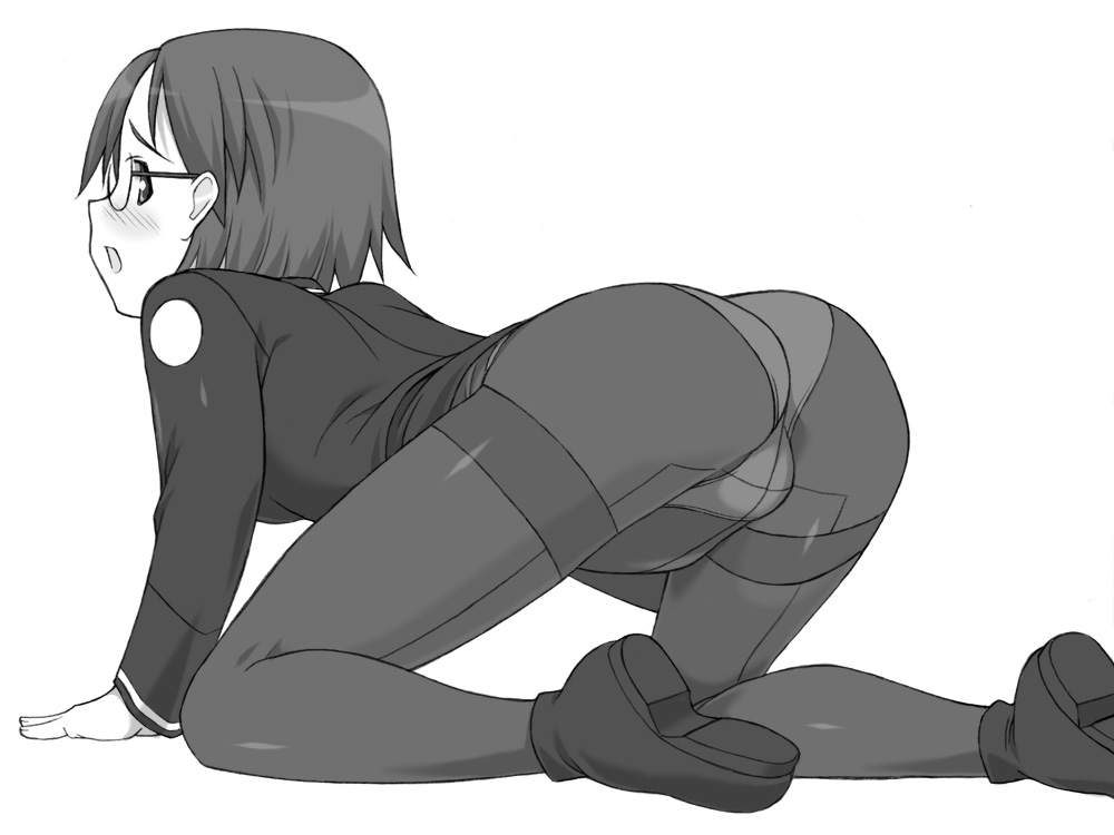 00s, 1girl, ass, black_pantyhose, crotch_seam, female_focus, fujieda_nanae, glasses, greyscale, monochrome, no_pants, panties, panties_under_pantyhose, pantyhose, shichimenchou, sky_girls, solo, thighband_pantyhose, underwear