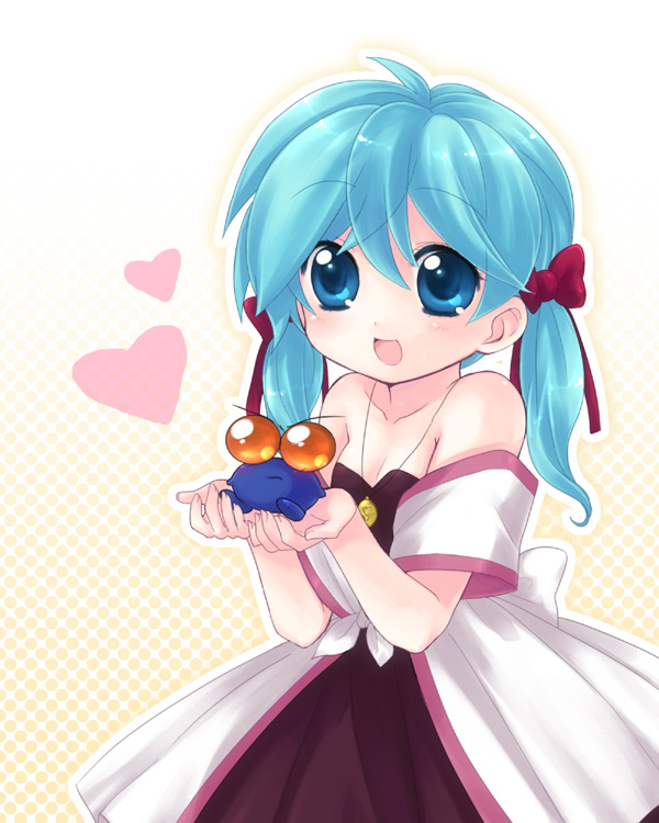 1990s_(style), 1girl, :d, bad_id, bad_pixiv_id, bare_shoulders, blue_eyes, blue_hair, dress, female_focus, hair_ribbon, halftone, halftone_background, heart, jewelry, kero_kero_chime, mimori_(kero_kero_chime), necklace, open_mouth, pendant, retro_artstyle, ribbon, smile, solo, twintails, usashiro_mani