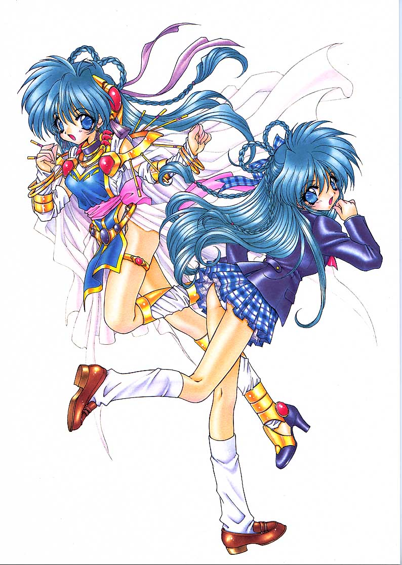 1990s_(style), 1girl, blue_eyes, blue_hair, can_can_bunny, can_can_bunny_extra, dual_persona, long_hair, panties, pantyshot, ramiya_ryou, retro_artstyle, school_uniform, serafuku, swatty, underwear